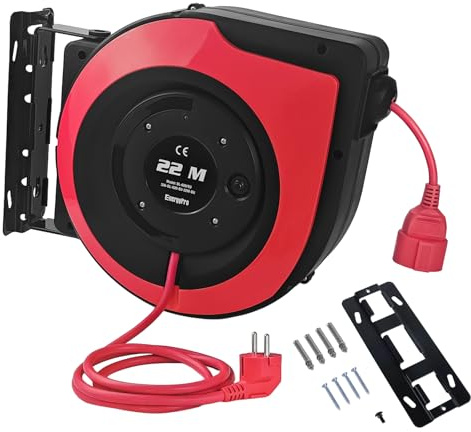 EnergyPro 22m Automatik Kabeltrommel Verlängerungskabel mit Halterung 230V/16A,Kabelaufroller Automatisch, IP20 Verlängerungskabel außen Wandmontage 180° Rotation Rot