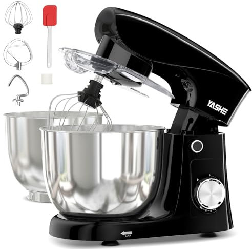 YASHE Impastatrice Planetaria 1500W, 2 Ciotole in Acciaio Inox 4,5L + 5L, 10+P Velocità, Testa Inclinabile, con Gancio Impastatore, Frusta e Sbattitore, Nero