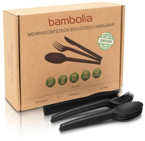 bambolia® Mehrwegbesteck | PREMIUM Besteck Set | Robust Reisebesteck Campingbesteck | Partybesteck wiederverwendbar, geschmacksneutral, biologisch abbaubar | 250 Stück (Schwarz)