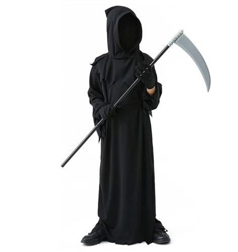 NebulaGlam Costume de Faucheuse Noire Enfant, Déguisement de Faucheuse Squelette d'Halloween, Faucheuse Halloween Deguisement avec Cape, Gants, Faucille en Jouet, Masque, Collier Faucheuse (M)