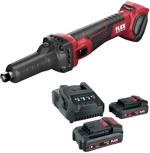 FLEX Aktion Akku-Geradschleifer DGE 25 18.0-EC C + P-Set 22 Q (Greifumfang 147 mm, Gewicht 1,47 kg, 2 x 18 V / 2,5 Ah Akkus) 534515