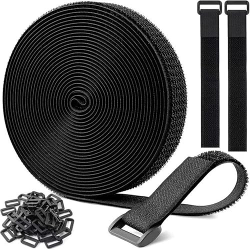 Cinta de autoadhesiva de 5 m x 2 cm con 25 hebillas, cinta de de nailon reutilizable, para organizar mangueras, cuerda, color negro