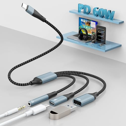 3-in-1 USB-C auf 3.5mm Kopfhörer und Ladeadapter,USBC auf OTG Adapter mit USB+Typ-C Ladeanschluss 3.5mm Kopfhöreranschluss, Typ-C Splitter für iPhone 16/15/iPad/MacBook/Samsung/USB-Stick/Tastatur/Maus
