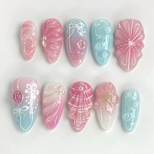 Decorative False Nail Tips, 10-Piece Mixed Shape Pastel Manicure Set | Glossy Sculpted Designs, Floral, Bow, Shell-Like, Checked And Abstract Motifs, For Home Manicures And Occasion Outfits