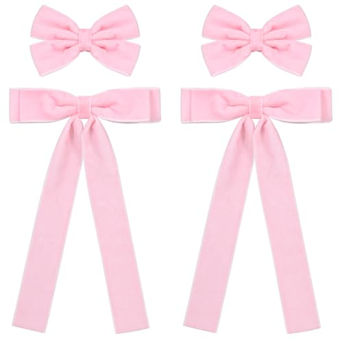 Velvet Ribbon Hair Bows Clips 4pc Assorted Colors 2 Sizes 4.5 & 3.14 Long Tail Dress Bow Alligator Barrettes,School Uniform Ponytail Accessory for Girls Kids Teens Women Gift Set (Light Pink)