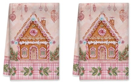 Paños de cocina de casa de jengibre, Navidad, acebo, Navidad, melocotón, secado rápido, para secar platos, cabina, cocina, decoración, 40.6 x 61.0 cm (juego de 2)