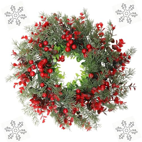 Roter Beerenkranz, Weihnachten Kerzenkranz, Weihnachten Beerenkranz, Weihnachts-Türkranz mit Roten Beeren und Kiefern, Weihnachtskranz, Winterkranz, für Innen- und Außenverzierungen