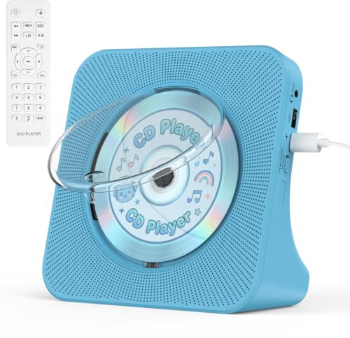 KOVCDVI CD Players for Home with Speakers, Bluetooth, Radio Blue | Desktop CD-Player with Remote Control, Dust Cover, Display, Timer, USB AUX Headphone Port