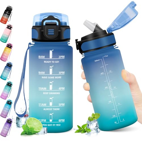 JAPORIA Borraccia Sportiva 500ml, Borraccia con Cannuccia, Riutilizzabile & Indicatore del Tempo, a Prova di Perdite, Bottiglia per Bici, Scuola, Gym, Ufficio, Yoga