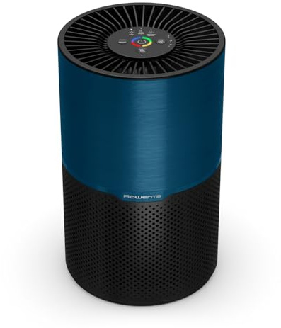 Rowenta Pure Air Compact Luftreiniger, hocheffiziente Luftreinigung | für Zuhause, bis 52 m², 3-in-1 Filterung, HEPA Allergy+, Echtzeit-Luftqualitätsanzeige, Schwarz/Blau, PU2221F0