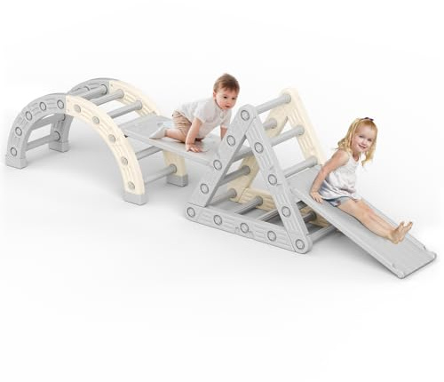 Indoor Klettergerüst , 10-in-1-Montessori Indoor Spielset , Indoor-Spielplatz, Klettergerüst mit Rutsche, Bogen für Kleinkinder und Kinder im Alter von 1 bis 6 Jahren (beige Grey)
