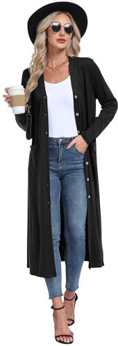 GRECERELLE Womens Long Cardigans Plus Size Long Sleeve Cardigan Ladies Lightweight Outwear Casual Coat with Pockets, Buttons for Women UK (Black, M)