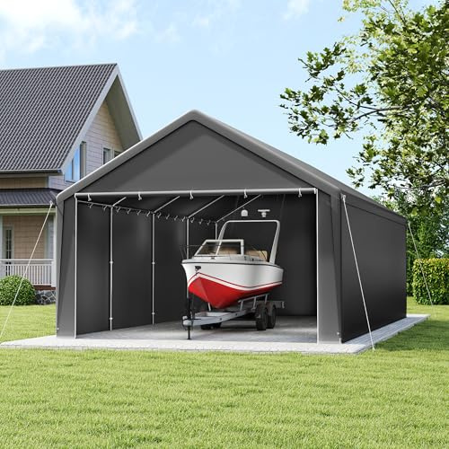 PEILU 4x8m Carport für den Außenbereich, Zeltgarage aus PE-Plane & Metall Rahmen, Freistehend Gartenlauben, Wetterfeste Garagenzelt, 32m² Autozelt für Automobil, Boote, Werkzeuge, Gartengeräte (Grau)