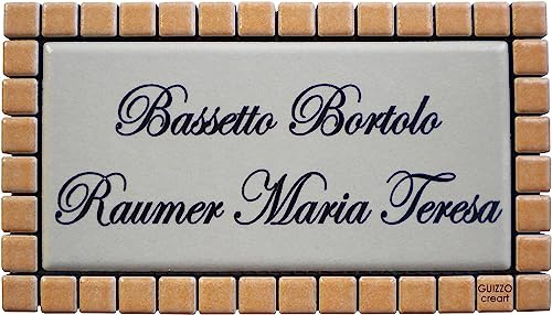 GUIZZO Creart - Namensschild Haustür, Personalisierte Keramikplakette mit Lasergravur, Personalisierte Hausnummerntafel mit Rahmen, Hausnummerntafel 17x9,5H cm Weiss/Orange, Namenstafel Made in Italy