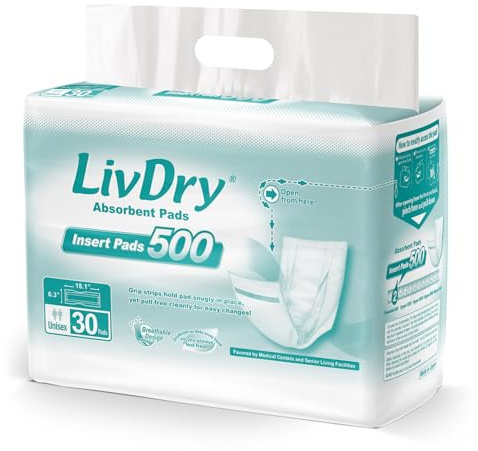 LivDry Incontinence Pad Inserts for Women and Men, 24 oz High Absorbency, Long Length Booster with Leak Guards for All Day and Overnight Protection (30 Count)