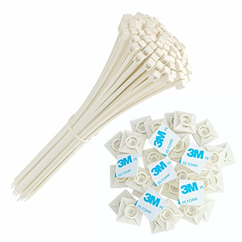 intervisio Collier de Serrage 200 mm x 2,5 mm Serre Cables, Rilsan 200mm, Nylon, Lot de 100 Pièces + Embases Adhesive pour Attache de Cable, 19 mm, Auto Adhésif 50 Pièces Blanc