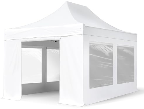 TOOLPORT Faltzelt Professional 3x4,5 m - mit 4 Seitenteilen (Panoramafenster) Faltpavillon ALU Pavillon Partyzelt weiß