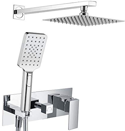 Grifo monomando de ducha para empotrar QUE. Salida pared. Incluye: rociador extraplano, soporte, flexo, maneral y brazo de ducha. Ducha empotrable con acabado cuadrado en cromo brillo