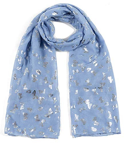 World of Shawls New Butterfly Print Ladies Celebrity Style Scarves Maxi, Scarf, Wrap, Sarong, shawls (New Glitter Butterfly Baby Blue)