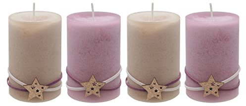 ZauberDeko 4 Adventskerzen Kerzen Stumpenkerzen Beige Rosa Mauve Stern Gold Weihnachten Advent Deko