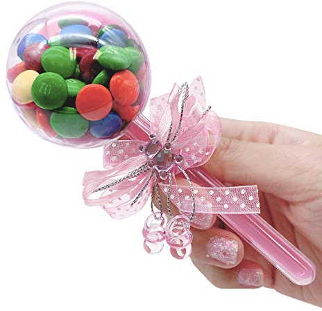 24 Pieces Fillable Baby Rattle Party Favors, Pink with Decorative Bear & Ribbon