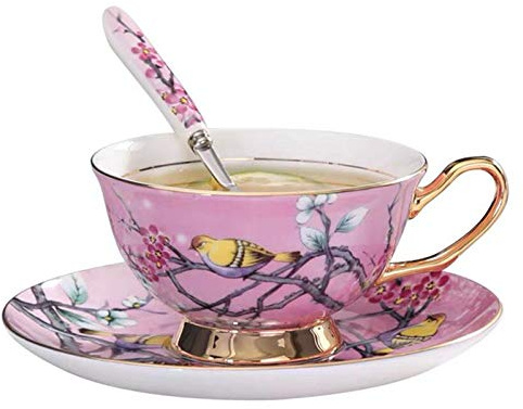 Eplze Bone China Cup& Saucer Set, 6.8oz- Birds& Trees (Hot Pink)