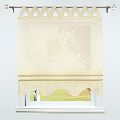 SCHOAL Raffrollo mit Schlaufen Halbtransparente Raffgardine Landhaus Schlaufenrollo Gardinen Leinen mit gebogten Abschluss 1 Stück BxH 120x140cm Beige