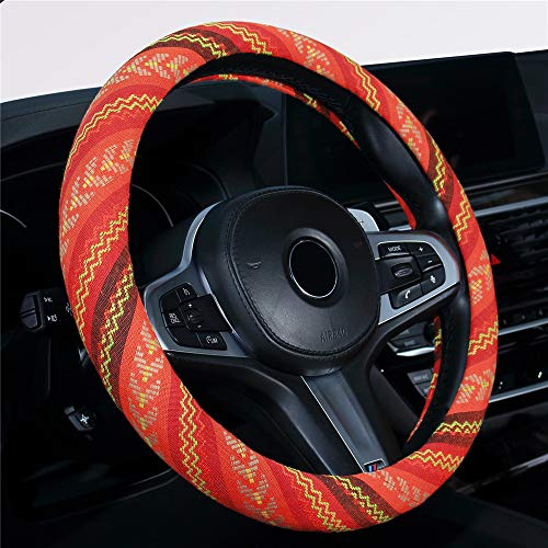 Istn Housse de volant en lin Flax épais de style ethnique, antidérapante et absorbant la transpiration, pour voiture (J, 38 cm, s’adapte pour la plupart des voitures)