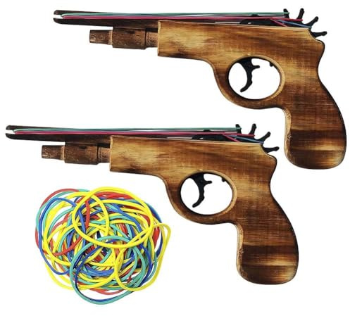 2 Pcs Wooden Rubber Band Gun Kids Outdoor Toy with 100 Rubber Bands 9 Inches Length (Log Color)