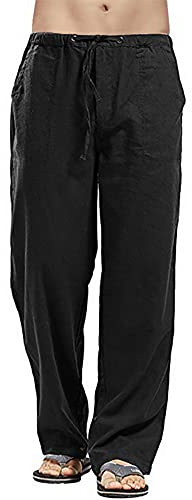 Pantalones de lino de colores sólidos para hombre, ajuste relajado, pantalones de yoga casuales, pantalones de pierna recta, Negro, 3XL