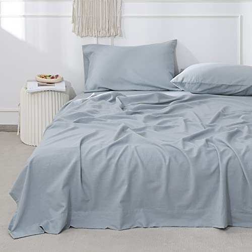 Simple&Opulence Belgian Linen Sheet Set Solid Color - 4 Pieces (1 Flat Sheet, 1 Fitted Sheet & 2 Pillowcases) Natural Flax Cotton Blend Soft Breathable Farmhouse Bedding - Full Size, Dusty Blue