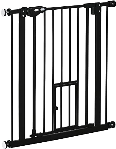 PawHut Cancellino per Cani Regolabile con Porta Piccola e Montaggio a Pressione, Barriera per Cani con Chiusura Automatica, 74-80x76.2 cm, Nero