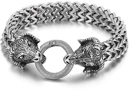 Daesar Charm Armband Edelstahl Herren, Weizen Armband Breit 12MM mit Ziege Hip Hop Armband Silber 22CM Freundschaftsarmband für Männer Jugend