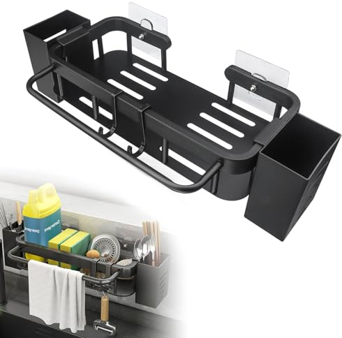AHRITA Organizador Fregadero Multifuncional de Acero Inoxidable, Soporte de Esponja sin Taladrar, Estropajo Organizador con 2 Tubos de Almacenamiento, 2 Ganchos y Soporte de Paño, Negro