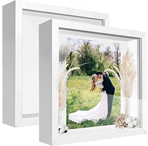 sunmeg 2Pcs 3D Bilderrahmen zum Befüllen 32 x 32cm Bilderrahmen Tief 3D Objektrahmen Hölzern bis 3cm, 3D Rahmen für Objekte, Blumen, Hochzeitsstrauß oder Erinnerungsstücke