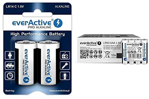 everActive C Batterien 12er Pack, Pro Alkaline, Baby LR14 R14 1.5V, 12 Stück & everActive AAA Batterien 40er Pack, Pro Alkaline, Micro LR03 R03 1.5V, höchster Leistung, 10 Jahre Haltbarkeit, 40 Stück