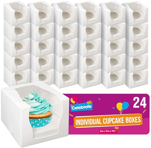 SOL 24pk Individual Cupcake Boxes 9x9x9cm Single Cupcake Boxes Individual with Window for Parties Weddings Birthdays Events Durable Cup Cake Packaging for Bakery Desserts Transport Storage | Durable single cupcake packaging for parties, weddings, birthdays, events and bakery presentation