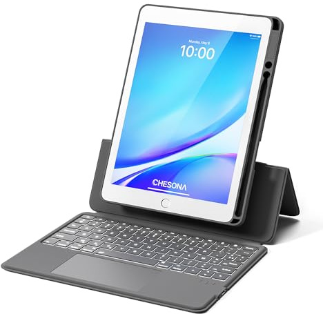 CHESONA Clavier pour iPad 10,2 9/8/7ème Gnération 2021/2020/2019 | Avec Trackpad, Mode Horizontal/Vertical, Étui Magnétique Détachable, Support Réglable 15-180°, Gris