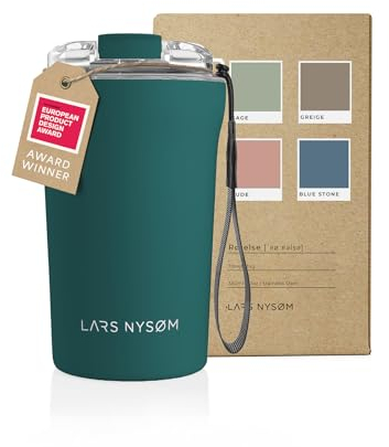 LARS NYSØM Taza térmica café para llevar con correa y Tapa Tritan | Termo Café de 0,38 litros con aislante | Travel mug de acero inoxidable a prueba de fugas (Pine Green, 380ml)