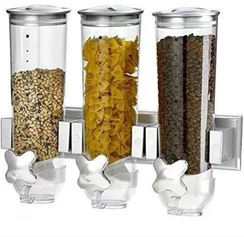 BAKAJI Dispenser Cereali Triplo a Parete, Distributore a Tre Montaggio a Muro, Erogatore per Alimenti Secchi, Caramelle, Corn Flakes, Noci, Coperchio Rimovibile con Chiusura Ermetica (Argento)
