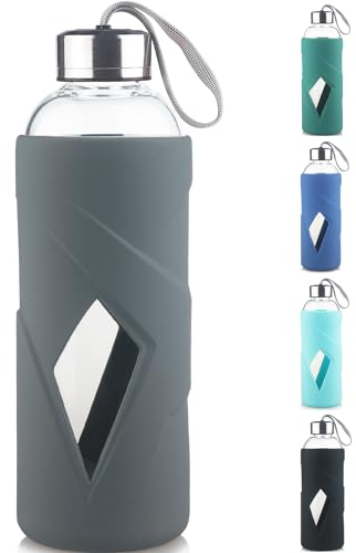 SHOW INGENUITY 1000ml Borosilicate Glass Water Bottle BPA Free Reusable Glass Drinking Bottle with Silicone Sleeve and Stainless Steel Lid