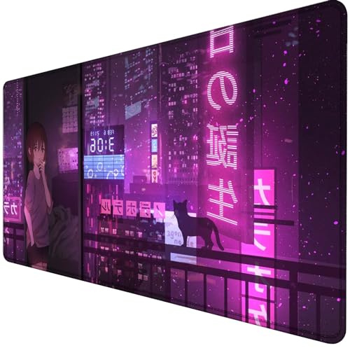 Premium Gaming Mauspad XXL 900 x 400 mm - Wasserdicht & rutschfest - Genähte Kanten für Haltbarkeit - Anime Design mit Neonlichtern und Nachtstadt Motiv - Perfekt für PC, MacBook und Laptop