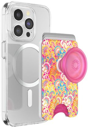 PopSockets Phone Wallet with Expanding Grip and Adapter Ring for MagSafe, Phone Card Holder, Wireless Charging Compatible, Wallet Compatible with MagSafe - Paisley Gaudy