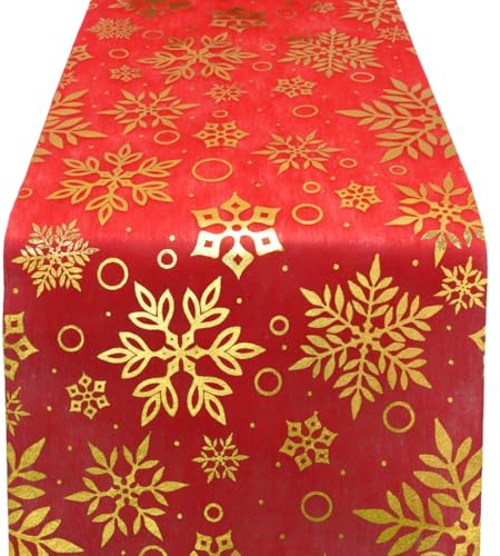 Tischläufer Weihnachten Rot, Tischläufer Weihnachten Rolle mit Gold Schneeflockenmuster, 28CM x 500CM, Organza Tischband Glänzend Tischdeko, für Silvester, Adventszeit, Ramadan