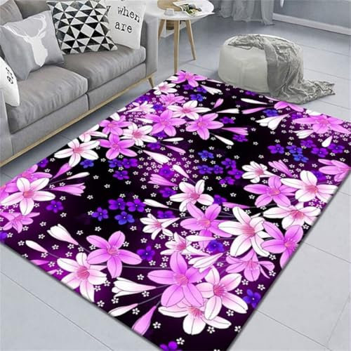 ROSURUG Orientalische Deko Möbel Schlafzimmer XXL Teppich Die Größe der Blume Meer Muster kann angepasst Werden, in Nähe Natur, geeignet für Teppichfliesen(Lila 70X140cm)