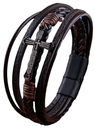 Bracelet Homme Croix en Cuir Tressé Avec Croix Multicouche, Fermoir Aimanté Fait à la Main