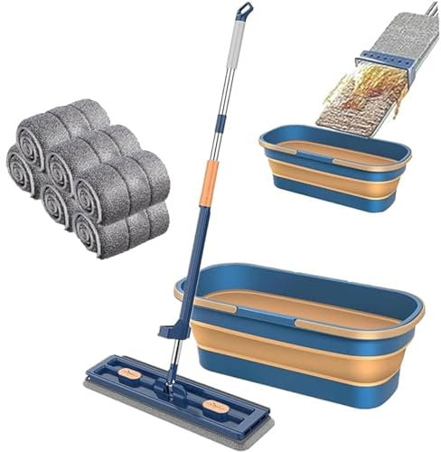 Large Flat Mop And Scalable Bucket With Wheels, 360 Degree Rotating Roseionly Mop With 6 Washable Microfiber Pads, Dewatering Scraper, Wet And Dry Use, 54 Adjustable Stainless Steel Long Handle(Blue)