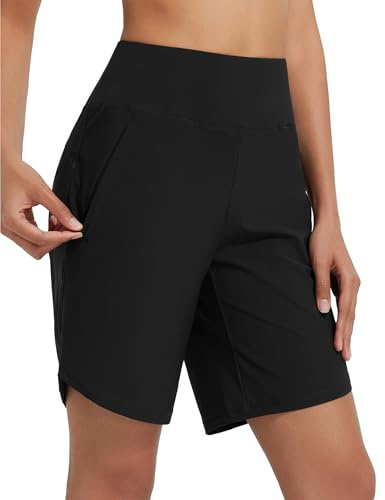 BALEAF Badshorts för kvinnor, 25 cm, långa bermudashorts, knälånga strandbyxor, solskydd, badbyxor, snabbtorkande simshorts, SPF 50+, svart, XL
