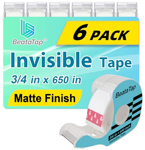 BeataTap Tape, Invisible Tape for Gift Wrapping, 6 Rolls+6 Dispensers, Matte Finish, Writable, 3/4″x 650″, Clear Tapes for Christmas Wrapping Paper, Office&School Supplies
