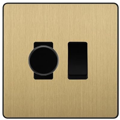 BG Evolve Satin Brass 2 Gang Custom Grid Switch 1x LED Dimmer 1x 2 Way